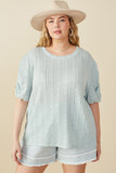 HY8247W Mint Plus Textured Gathered Sleeve Stretch Knit Top Front