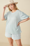 HY8247W Mint Plus Textured Gathered Sleeve Stretch Knit Top Pose