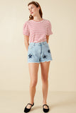 HY8313 Light Denim Womens Distressed Star Patch Frayed Denim Shorts Full Body