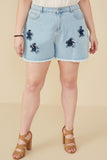 HY8313W Light Denim Womens Distressed Star Patch Frayed Denim Shorts Front