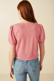 HY8419 Pink Womens Ribbed Knit Bow Detail Short Sleeve Open Top Detail Back