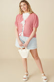 HY8419W Pink Womens Ribbed Knit Bow Detail Short Sleeve Open Top Pose