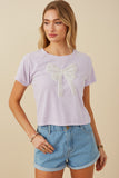 HY8434 Lavender Womens Pearl Ribbon Patch Knit T Shirt Front