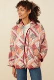 HY8579 Burgundy Womens Patch Print Quilted Light Padded Jacket Front 2