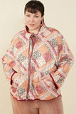 HY8579W Burgundy Womens Patch Print Quilted Light Padded Jacket Front