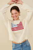 HY8614 Cream Womens Distressed Old Glory Graphic Sweater Pose