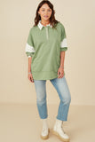 HY8696 Olive Womens Mixed Media Print Blocked Knit Rugby Shirt Front