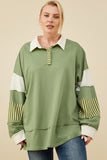 HY8696W Olive Womens Mixed Media Print Blocked Knit Rugby Shirt Front