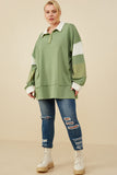 HY8696W Olive Womens Mixed Media Print Blocked Knit Rugby Shirt Side