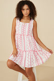 HY8718 Pink Womens Botanical Embroidered Ruffle Tiered Tank Dress Front