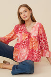 Womens Print Blocked Cinch Sleeve Baby Doll Top