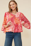 HY8719 PINK MIX Womens Print Blocked Cinch Sleeve Baby Doll Top Front 2