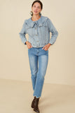 HY8759 Light Denim Womens Exaggerated Ruffle Collar Denim Jacket Pose