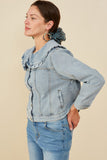 HY8759 Light Denim Womens Exaggerated Ruffle Collar Denim Jacket Side