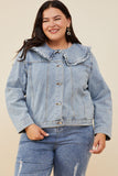 HY8759W Light Denim Womens Exaggerated Ruffle Collar Denim Jacket Front