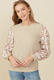 Womens Mix Media Textured Floral Sleeve Top