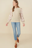 HY8765 Taupe Womens Mix Media Textured Floral Sleeve Top Pose