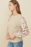 HY8765 Taupe Womens Mix Media Textured Floral Sleeve Top Side