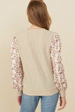 HY8765 Taupe Womens Mix Media Textured Floral Sleeve Top Back