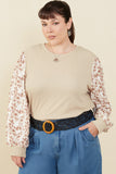 HY8765W Taupe Womens Mix Media Textured Floral Sleeve Top Front