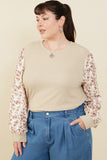 HY8765W Taupe Womens Mix Media Textured Floral Sleeve Top Front 2