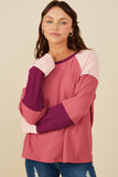 HY8769 Pink Mix  Womens Color Block Ribbed Knit Long Sleeve Top Front