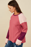 HY8769 Pink Mix  Womens Color Block Ribbed Knit Long Sleeve Top Side