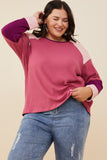 HY8769W Pink Mix Womens Color Block Ribbed Knit Long Sleeve Top Front