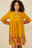 HY8814 Mustard Womens Embroidered Detail Long Sleeve Scoop Neck Dress Front