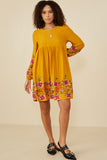 HY8814 Mustard Womens Embroidered Detail Long Sleeve Scoop Neck Dress Pose