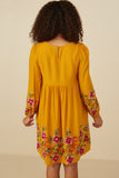 HY8814 Mustard Womens Embroidered Detail Long Sleeve Scoop Neck Dress Back