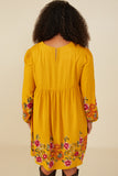 HY8814W Mustard Womens Embroidered Detail Long Sleeve Scoop Neck Dress Back