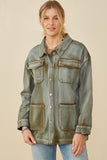 HY8865 Olive Womens Washed Patch Pocket Detail Chore Jacket Front