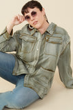 HY8865W Olive Womens Washed Patch Pocket Detail Chore Jacket Pose