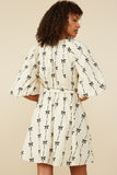 HY8870 Ivory Womens All Over Bow Print Belted Dress Back