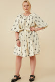 HY8870W Ivory Womens All Over Bow Print Belted Dress Pose