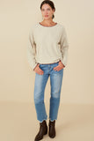 HY8921 Oatmeal Womens Brushed Contrast Stitch Long Sleeve Knit T Shirt Pose