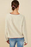 HY8921 Oatmeal Womens Brushed Contrast Stitch Long Sleeve Knit T Shirt Back