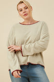 HY8921W Oatmeal Womens Brushed Contrast Stitch Long Sleeve Knit T Shirt Front