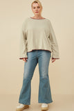 HY8921W Oatmeal Womens Brushed Contrast Stitch Long Sleeve Knit T Shirt Front 2