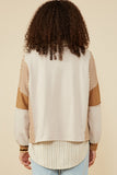 HY8999 Taupe Womens Stripe And Color Block Sleeve Detail Knit Top Back