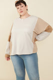 HY8999W Taupe Womens Stripe And Color Block Sleeve Detail Knit Top Front