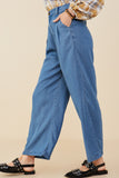 HY9146 Mid Denim Womens Pleated Detail Wide Leg Tencel Pants Side