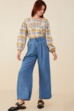 HY9146 Mid Denim Womens Pleated Detail Wide Leg Tencel Pants Pose