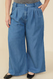 HY9146W Mid Denim Womens Pleated Detail Wide Leg Tencel Pants Front