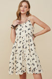 HY9196 Ivory Womens Bow Print Button Detail Tiered Tank Dress Front