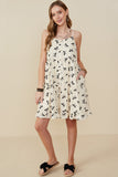 HY9196 Ivory Womens Bow Print Button Detail Tiered Tank Dress Pose