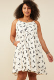 HY9196W Ivory Womens Bow Print Button Detail Tiered Tank Dress Front