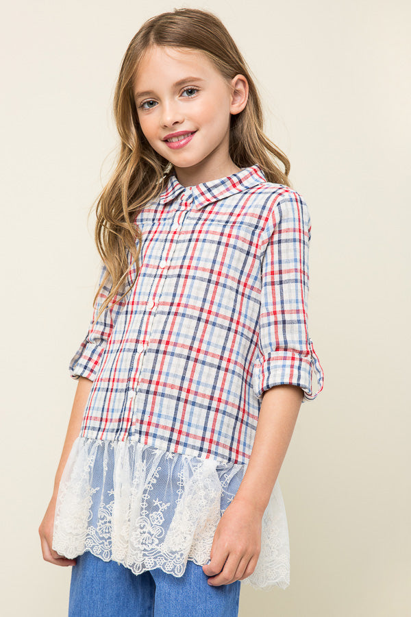 Girls' Lace Trim Button Up Shirt | Cute Girls' Clothes – Hayden Girls
