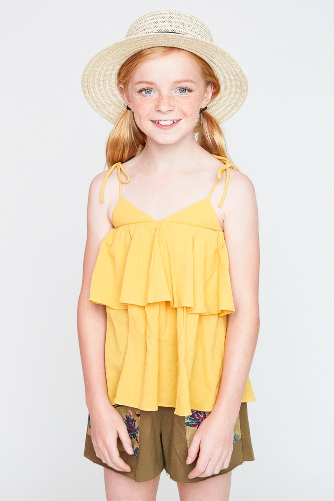 Kid Girl Solid Color Ruffled One Shoulder Tank Top